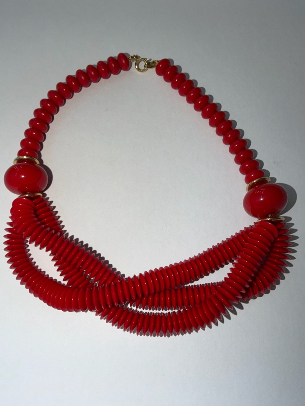 Fabulous Vintage Trifari Red & Gold-Tone Triple Strand Twisted Beaded Necklace